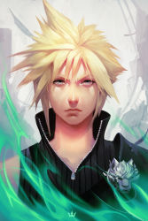 Rule 34 | 1boy, armor, aura, black shirt, blonde hair, closed mouth, cloud strife, commentary, final fantasy, final fantasy vii, grey eyes, highres, looking at viewer, male focus, nikusenpai, pauldrons, portrait, serious, shirt, shoulder armor, solo, upper body