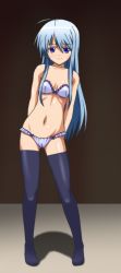 Rule 34 | 00s, 1girl, 3d, anzelotte, arms behind back, bad id, bad pixiv id, black thighhighs, blue eyes, blue hair, bra, breasts, female focus, full body, gradient background, highres, justy, lingerie, long hair, long image, matching hair/eyes, navel, night wizard, panties, smile, solo, standing, tall image, thighhighs, underwear