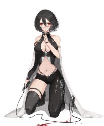 Rule 34 | 1girl, assassin, asymmetrical legwear, bare shoulders, black hair, blood, blood on face, bloody weapon, breasts, cape, center opening, dagger, detached sleeves, finger to mouth, full body, gloves, highres, index finger raised, kneeling, knife, large breasts, looking at viewer, midriff, navel, original, parted lips, planted, red eyes, rikui (rella2930), shadow, short hair, single glove, single sleeve, single thighhigh, skin tight, solo, thigh strap, thighhighs, uneven legwear, weapon, weapon request, white background