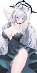 Rule 34 | 1girl, animal ears, armpits, arms up, bare shoulders, black choker, blue archive, blue eyes, blush, breasts, choker, cleavage, cowboy shot, cross, cross hair ornament, grey hair, hair between eyes, hair intakes, hair ornament, highres, inverted cross, large breasts, long hair, miko (royal milk), mismatched pupils, nose blush, parted lips, presenting armpit, shiroko (blue archive), shiroko terror (blue archive), simple background, solo, white background, wolf ears, wolf girl