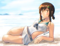 Rule 34 | 1girl, adapted costume, artist name, beach, black hair, blurry, casual one-piece swimsuit, collarbone, day, depth of field, ergot, fubuki (kancolle), full body, hair ornament, hairclip, jewelry, kantai collection, looking at viewer, low ponytail, lying, on side, one-piece swimsuit, pleated skirt, ponytail, ring, short ponytail, sidelocks, skirt, solo, swimsuit, wedding band, white skirt, white one-piece swimsuit
