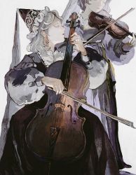 Rule 34 | 2girls, black dress, breasts, cello, closed eyes, dress, european clothes, eyelashes, frilled headwear, grey hair, hand up, hat, hat ornament, highres, holding instrument, holding violin, instrument, long sleeves, looking away, medium breasts, multiple girls, music, original, outstretched arm, parted lips, playing instrument, profile, puffy long sleeves, puffy sleeves, short hair, simple background, standing, traditional media, violin, white background, yuko (foret noire)