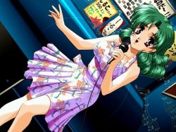 Rule 34 | 1990s (style), 1girl, :d, bare shoulders, beamed quavers, bench, breasts, curly hair, dress, dutch angle, floral print, game cg, green hair, holding, inaba yoshiki, indoors, karaoke, kimi ni steady, kiyose emi, large breasts, looking at viewer, microphone, music, musical note, open mouth, outstretched arm, parted bangs, pink eyes, pleated dress, quaver, retro artstyle, short dress, short hair, sign, singing, sleeveless, sleeveless dress, smile, solo, staff (music), standing, sundress