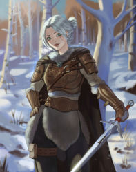 Rule 34 | 1girl, absurdres, alternate costume, armor, belt, blurry, blurry background, brown belt, brown gloves, ciri, closed mouth, commentary, english commentary, forest, fur collar, fur trim, gloves, green eyes, hand on own hip, highres, holding, holding sword, holding weapon, leather armor, lips, looking at viewer, medallion, nature, orhicam, outdoors, pants, pouch, scar, scar across eye, scar on face, short hair, silver hair, smile, snow, solo, standing, sword, the witcher (series), the witcher 3, thigh pouch, thigh strap, tree, weapon, winter, winter clothes