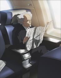 Rule 34 | 1boy, aramaki daisuke, ghost in the shell, ghost in the shell stand alone complex, glasses, male focus, newspaper, reading, sitting, solo, suit, train, train interior, white hair