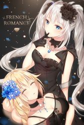 Rule 34 | 2girls, absurdres, black dress, black gloves, blonde hair, blue eyes, breasts, cleavage, dress, closed eyes, fate/grand order, fate (series), finger to mouth, flower, gloves, hair flower, hair ornament, highres, jeanne d&#039;arc (fate), jeanne d&#039;arc (formal dress) (fate), jeanne d&#039;arc (ruler) (fate), jewelry, junpaku karen, lap pillow, long hair, marie antoinette (fate), marie antoinette (formal dress) (fate), multiple girls, necklace, official alternate costume, silver hair, smile, twintails