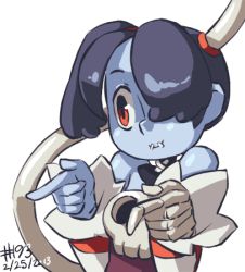 Rule 34 | 10s, 1girl, 2013, animated, animated gif, ass, ass shake, backless outfit, bare shoulders, black hair, blue skin, chuunibyou demo koi ga shitai!, colored skin, dancing, dated, hair over one eye, huge ass, junkpuyo, leviathan (skullgirls), lowres, parody, red eyes, short hair, simple background, skull, skullgirls, smile, solo, sparkling daydream, squigly (skullgirls), stitched mouth, stitches, striped, twerking, zombie