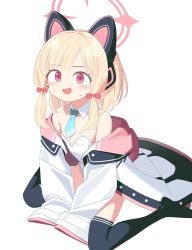 Rule 34 | 1girl, :3, animal ear headphones, animal ears, aqua necktie, arm support, black thighhighs, blonde hair, blue archive, blush, bow, cat ear headphones, coat, commentary, detached collar, dot nose, fake animal ears, flat chest, hair bow, halo, headphones, highres, hood, hooded coat, leotard, long sleeves, looking at viewer, mabera, momoi (blue archive), necktie, no shoes, on floor, open mouth, oversized clothes, red bow, red eyes, short hair, sitting, sleeves past fingers, sleeves past wrists, solo, sweat, thighhighs, thighs, wariza, white background, white coat, white leotard