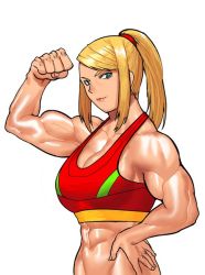 Rule 34 | 1girl, abs, adapted costume, arm up, biceps, blonde hair, bra, breasts, cessa, cleavage, flexing, green eyes, hand on own hip, large breasts, long hair, looking at viewer, metroid, muscular, muscular female, nintendo, ponytail, red bra, samus aran, simple background, smile, solo, sports bra, underwear, varia suit, white background