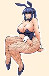 Rule 34 | 1girl, animal ears, bare shoulders, blue eyes, blue hair, bow, bowtie, breasts, cleavage, curvy, detached collar, esenoji, fake animal ears, female focus, fishnet pantyhose, fishnets, hair ornament, high heels, highleg, highres, huge breasts, legs, leotard, long hair, matching hair/eyes, mature female, nt-tan, os-tan, pantyhose, playboy bunny, plump, ponytail, rabbit ears, shoes, simple background, sitting, smile, solo, thick thighs, thighs, wrist cuffs