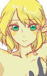 Rule 34 | 1girl, bad id, bad pixiv id, blonde hair, blush, breasts, breasts squeezed together, collarbone, dot harai, green eyes, highres, mizuhashi parsee, nipples, nude, pointy ears, short hair, simple background, solo focus, touhou, upper body, white background