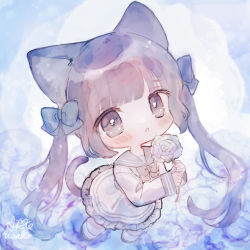 Rule 34 | 1girl, :o, ame usako, animal ears, blue bow, blue sailor collar, blush, bow, brown bow, brown eyes, brown hair, cat ears, cat girl, cat tail, chibi, commentary request, dress, fang, flower, frilled dress, frills, full body, hair bow, holding, holding flower, long hair, long sleeves, looking at viewer, original, parted lips, rose, sailor collar, sailor dress, signature, sleeves past wrists, socks, solo, tail, twintails, very long hair, white dress, white flower, white rose, white socks