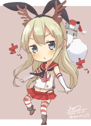 Rule 34 | 10s, 1girl, alternate color, antlers, bad id, bad twitter id, blonde hair, gloves, hairband, hat, highres, horns, kantai collection, long hair, nonono (mino), reindeer antlers, rensouhou-chan, shimakaze (kancolle), solo, striped clothes, striped thighhighs, thighhighs