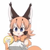 Rule 34 | 2girls, animal ears, animated, bare shoulders, biting, blinking, blonde hair, blue eyes, bow, bowtie, brown hair, caracal (kemono friends), ear wiggle, elbow gloves, extra ears, fang, flapping ears, food, gloves, hands up, holding, holding food, japari bun, kemono friends, light brown hair, medium hair, multicolored hair, multiple girls, paw pose, serval (kemono friends), shirt, simple background, sleeveless, sleeveless shirt, smile, solo focus, surprised, tail, tail biting, tail wagging, taro (tontaro), traditional bowtie, two-tone hair, upper body, video, white background, white hair, yellow eyes