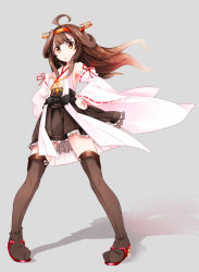 Rule 34 | 10s, 1girl, bad id, bad pixiv id, boots, brown eyes, brown hair, comah, double bun, hair ornament, hairband, kantai collection, kongou (kancolle), long hair, looking at viewer, personification, pleated skirt, ribbon-trimmed sleeves, ribbon trim, skirt, smile, solo, thigh boots, thighhighs, zettai ryouiki
