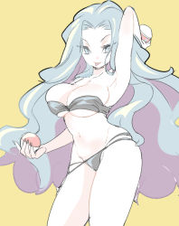 Rule 34 | 1girl, alternate costume, arm up, armpits, big hair, bikini, black bikini, black nails, blue eyes, blue hair, breasts, bursting breasts, chorimokki, cleavage, closed mouth, creatures (company), dual wielding, elite four, female focus, game freak, groin, hand up, happy, holding, holding poke ball, karen (pokemon), large breasts, long hair, looking at viewer, matching hair/eyes, nail polish, navel, nintendo, poke ball, poke ball (basic), poke ball symbol, pokemon, pokemon gsc, simple background, skindentation, smile, solo, standing, strapless, strapless bikini, swimsuit, tongue, tongue out, underboob, yellow background