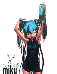 Rule 34 | 1girl, aqua hair, armpits, arms up, bad id, bad pixiv id, closed eyes, hair flowing over, hair spread out, hands in hair, hatsune miku, highres, holding, holding own hair, long hair, rias-coast, ruffling hair, simple background, solo, twintails, vocaloid, white background