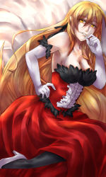 Rule 34 | 1girl, bare shoulders, blonde hair, breasts, cleavage, elbow gloves, gloves, kiss-shot acerola-orion heart-under-blade, large breasts, long hair, monogatari (series), oshino shinobu, pantyhose, pointy ears, solo, yellow eyes