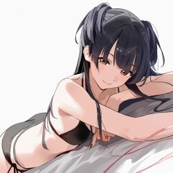Rule 34 | 1girl, arm up, ass, bare arms, bed sheet, bikini, black bikini, black hair, black nails, breasts, brown eyes, closed mouth, commentary, dutch angle, fingernails, hair over shoulder, hand up, highres, idolmaster, idolmaster shiny colors, index finger raised, kinjin, light blush, long hair, looking at viewer, lying, mayuzumi fuyuko, nail polish, on stomach, red ribbon, ribbon, side-tie bikini bottom, simple background, small breasts, smile, solo, swimsuit, two side up, white background