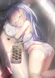 Rule 34 | 1girl, :&lt;, ^ ^, angora rabbit, animal, animal hug, ass, bad id, bad pixiv id, bare arms, bare shoulders, blush, butt crack, camisole, chocolate, closed eyes, closed mouth, commentary request, couch, feet out of frame, food, food on face, gochuumon wa usagi desu ka?, hair ornament, highres, kafuu chino, long hair, natuna natu, nose blush, o o, on couch, open mouth, panties, purple hair, rabbit, smile, tippy (gochiusa), triangle mouth, underwear, underwear only, very long hair, white camisole, white panties, x hair ornament