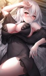 Rule 34 | 1girl, azur lane, bare shoulders, black nightgown, breasts, center opening, crossed bangs, dress, drunk, gangut (azur lane), gangut (keeper of the firewater) (azur lane), highres, lace trim, large breasts, long hair, nightgown, off-shoulder dress, off shoulder, official alternate costume, oyuwari, red eyes, see-through, see-through dress, short sleeves, solo, very long hair, white hair