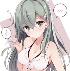 Rule 34 | 10s, 1girl, bare arms, bare shoulders, bikini, blush, bow, breasts, cleavage, closed mouth, collarbone, front-tie bikini top, front-tie top, green eyes, green hair, hair between eyes, hair ornament, twirling hair, hairclip, head tilt, kantai collection, long hair, looking at viewer, medium breasts, motion lines, netarou, solo, spoken blush, suzuya (kancolle), swimsuit, tareme, thinking, thought bubble, translated, upper body, white bikini, white bow