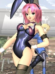 Rule 34 | 2girls, 3d, animal ears, boots, breasts, cloud, fake animal ears, female focus, green eyes, leotard, multiple girls, non-web source, outdoors, pink hair, plant, playboy bunny, rabbit ears, short hair, sky, standing, thighhighs, vest