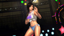 Rule 34 | 1girl, 3d, absurdres, black hair, dead or alive, dead or alive 5, fighting stance, highres, kokoro (doa), midriff, official art, screencap, solo, star (symbol), swimsuit, tecmo