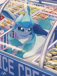 Rule 34 | :o, blue eyes, commentary request, creatures (company), game freak, gen 4 pokemon, glaceon, glass, highres, ice cream cup, kuchiba (jret2454), looking to the side, lying, nintendo, no humans, pokemon, pokemon (creature), signature, solo