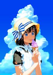 Rule 34 | 1girl, :p, apron, backlighting, black hair, blue eyes, blue sky, blunt bangs, blunt ends, bob cut, bow, closed mouth, cloud, cloudy sky, dappled sunlight, day, eating, food, frilled apron, frills, from side, hair between eyes, hands up, hat, hat bow, hat ribbon, holding, holding food, ice cream, ice cream cone, looking away, looking down, maeya susumu, maid, maid-san wa taberu dake, maid apron, official art, outdoors, puffy short sleeves, puffy sleeves, ribbon, shade, short sleeves, sky, smile, soft serve, solo, straight hair, striped bow, striped ribbon, summer, sun hat, sunlight, suzume (maid-san wa taberu dake), tongue, tongue out, upper body, white apron, wing collar