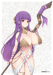 Rule 34 | 1girl, alternate costume, blunt bangs, breasts, commission, cowboy shot, fern (sousou no frieren), floral background, holding, holding staff, jewelry, large breasts, long hair, looking at viewer, nail polish, pink nails, purple eyes, purple hair, revealing clothes, sidelocks, solo, sousou no frieren, staff, standing, stomach, straight hair, very long hair, virus-g