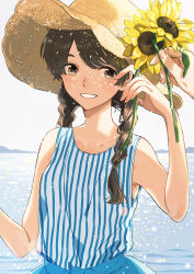 Rule 34 | 1girl, braid, brown eyes, brown hair, flower, hat, highres, horizon, keishin, original, outdoors, parted lips, shirt, sleeveless, sleeveless shirt, smile, solo, straw hat, striped clothes, striped shirt, sunflower, twin braids, upper body, vertical-striped clothes, vertical-striped shirt, yellow flower