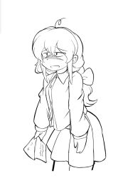 Rule 34 | 1980s (style), 1girl, bad id, bad twitter id, bow, braid, cowboy shot, empty eyes, exhausted, greyscale, hair bow, half-closed eyes, highres, letter, long hair, long sleeves, messy hair, monochrome, okazaki yumemi, oldschool, open mouth, partially unbuttoned, pleated skirt, retro artstyle, shirt, skirt, takemoto izumi (style), touhou, touhou (pc-98), yatyou