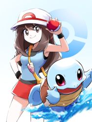 Rule 34 | 1girl, ayo (ayosanri009), bag, between breasts, black wristband, blue shirt, breasts, brown eyes, brown hair, bucket hat, closed mouth, commentary request, creatures (company), game freak, gen 1 pokemon, hair between eyes, hand on own hip, hat, holding, holding poke ball, leaf (pokemon), long hair, looking at viewer, messenger bag, nintendo, poke ball, poke ball (basic), pokemon, pokemon (creature), pokemon frlg, red skirt, shirt, shoulder bag, skirt, sleeveless, sleeveless shirt, smile, squirtle, strap between breasts, vs seeker, water, white headwear, wristband, yellow bag