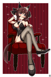 Rule 34 | 1girl, absurdres, alternate costume, animal ears, arm up, black footwear, black thighhighs, border, braided hair rings, breasts, brown hair, chair, cleavage, color neko (user yfvc3323), commentary request, crossed legs, detached collar, gentildonna (umamusume), hand on own knee, highres, horse ears, horse girl, horse tail, large breasts, nontraditional playboy bunny, on chair, outside border, pantyhose, red eyes, signature, sitting, smile, solo, tail, thighhighs, umamusume, white border, wrist cuffs