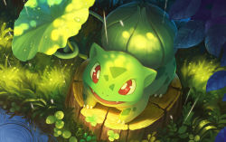 Rule 34 | bright pupils, bulbasaur, claws, commentary request, creatures (company), emanon19891216, fangs, from above, game freak, gen 1 pokemon, grass, holding, holding leaf, leaf, looking up, nintendo, no humans, open mouth, pokemon, pokemon (creature), rain, red eyes, ripples, smile, solo, tree stump, water, water drop, white pupils