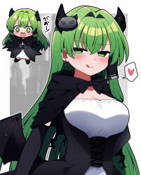 Rule 34 | + +, 1girl, absurdres, alternate costume, blush, breasts, chibi, chibi inset, cleavage, demon costume, demon wings, earrings, elbow gloves, fang, gloves, green eyes, green hair, hair intakes, hair tubes, heart, highres, horns, jewelry, kochiya sanae, large breasts, long hair, looking at viewer, open mouth, shrug (clothing), skin fang, spoken heart, stud earrings, tongue, tongue out, touhou, very long hair, wings, you (noanoamoemoe)