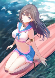 Rule 34 | 1girl, bare legs, bare shoulders, barefoot, blue ribbon, blue sailor collar, blue skirt, breasts, brown eyes, brown hair, closed mouth, commentary request, crop top, floating hair, lloule, long hair, medium breasts, midriff, multicolored hair, navel, neck ribbon, original, pleated skirt, purple eyes, ribbon, sailor collar, school uniform, seiza, serafuku, shirt, sitting, skirt, sleeveless, sleeveless shirt, smile, solo, surfboard, very long hair, water, white shirt