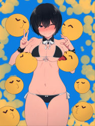 Rule 34 | 1girl, ^3^, black bra, black hair, black panties, blue background, blush, bow, bow panties, bowtie, bra, breast press, breast sucking, breasts, commentary request, detached collar, double v, embarrassed, emoticon, fangs, hands up, highres, kemuri haku, large breasts, licking, licking breast, navel, one eye closed, original, panties, purple eyes, short hair, smile, stomach, string bra, string panties, sweat, thighs, tongue, tongue out, underwear, v, white bow, white bowtie, wrist cuffs