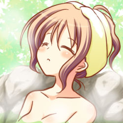 Rule 34 | 1girl, blush, brown hair, closed eyes, lowres, nude, onsen, solo, upper body, yuyi