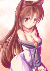 Rule 34 | 1girl, absurdres, animal ears, bare shoulders, blush, breasts, brooch, brown hair, cleavage, collarbone, dior-zi, dress, female focus, highres, imaizumi kagerou, jewelry, large breasts, long hair, looking at viewer, red eyes, solo, tail, touhou, wolf ears, wolf tail