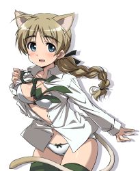 Rule 34 | 1girl, :d, ahoge, animal ears, blue eyes, blush, bra, braid, breasts, brown hair, cat ears, cat tail, cleavage, collarbone, dress shirt, green thighhighs, hair ribbon, highres, long hair, long sleeves, lynette bishop, navel, necktie, open clothes, open mouth, open shirt, panties, ribbon, shirt, single braid, smile, solo, strike witches, striped clothes, striped thighhighs, tail, thighhighs, unbuttoned, underwear, world witches series, yumekaranigeruna