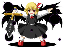 Rule 34 | 1girl, blonde hair, blouse, darkness, ex-rumia, fukaiton, full body, hair ribbon, long sleeves, no nose, open mouth, outstretched arms, red eyes, ribbon, rumia, shirt, short hair, skirt, smile, socks, solo, spread arms, sword, touhou, vest, weapon, white background, white shirt, white socks