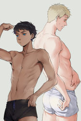 Rule 34 | 2boys, arm at side, back-to-back, bad id, bad pixiv id, belly, black hair, blonde hair, blue eyes, boxers, changye, cowboy shot, dark-skinned male, dark skin, drawstring, dungeon meshi, flexing, hand up, highres, kabru, laios touden, male focus, male underwear, multiple boys, navel, pinching, pout, profile, short hair, simple background, sweatdrop, toned, toned male, topless male, underwear