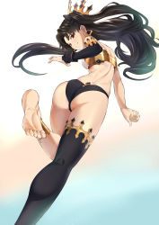 Rule 34 | 1girl, absurdres, anklet, armlet, ass, asymmetrical legwear, asymmetrical sleeves, back, barefoot, black thighhighs, butt crack, crown, detached sleeves, earrings, fate/grand order, fate (series), highres, hoop earrings, hotate-chan, ishtar (fate), jewelry, long legs, parted bangs, single detached sleeve, single sleeve, single thighhigh, solo, thighhighs, tiara, two side up, uneven legwear, uneven sleeves