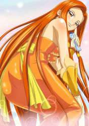 Rule 34 | 00s, 1girl, ankoku tiger, dress, highres, idol, long hair, looking back, matching hair/eyes, mermaid melody pichi pichi pitch, microphone, official style, orange eyes, orange hair, sara (mermaid melody pichi pichi pitch), solo