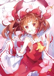 Rule 34 | 1girl, ahoge, air bubble, ascot, bare shoulders, bow, brown hair, bubble, collarbone, commentary request, cowboy shot, detached sleeves, flower, frilled bow, frilled shirt collar, frills, hair bow, hair tubes, hakurei reimu, half updo, hand up, highres, long hair, long sleeves, mouth hold, paragasu (parags112), petticoat, pink flower, pink rose, red bow, red eyes, red skirt, ribbon-trimmed sleeves, ribbon trim, rose, sarashi, short hair, skirt, skirt set, sleeves past fingers, sleeves past wrists, solo, touhou, underwater, wide sleeves, yellow ascot