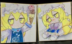 Rule 34 | 1girl, blonde hair, blue tabard, blush, closed mouth, colored pencil (medium), commentary, dress, food, fox tail, frilled dress, frilled headwear, frills, fumo (doll), hand up, hands in opposite sleeves, hat, highres, holding, holding food, holding ice cream, holding ice cream cone, ice cream, ice cream cone, jitome, long sleeves, looking at viewer, mob cap, multiple tails, multiple views, shikishi, simple background, sitting, socks, sparkle, tabard, tail, touhou, traditional media, upper body, white background, white dress, white headwear, white socks, yakumo ran, yakumora n, yellow eyes