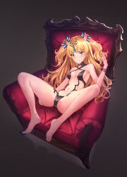 Rule 34 | 1girl, alternate costume, bad id, bad pixiv id, bare legs, barefoot, black background, blonde hair, blush, bow, bracelet, breasts, closed mouth, clothing cutout, cosplay, couch, criss-cross halter, eyebrows, eyelashes, fang, fang out, fate/grand order, fate (series), full body, gem, hair bow, hair ornament, twirling hair, halterneck, hand on own thigh, heart, heart cutout, highres, horns, idolmaster, idolmaster cinderella girls, jewelry, jougasaki rika, leaning back, long hair, looking at viewer, navel, on couch, revealing clothes, rorona s., shuten douji (fate), shuten douji (fate) (cosplay), sitting, skin-covered horns, small breasts, solo, spread legs, stomach, two side up, yellow eyes