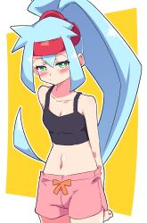 Rule 34 | 1girl, absurdres, arms behind back, ashe (mega man), bare shoulders, black shirt, blue hair, blush, breasts, buzzlyears, collarbone, cowboy shot, crop top, dolphin shorts, feet out of frame, female focus, green eyes, headband, high ponytail, highres, light blue hair, long hair, looking at viewer, mega man (series), mega man zx, mega man zx advent, midriff, navel, pink shorts, red headband, shirt, shorts, sleeveless, small breasts, solo, standing, tank top